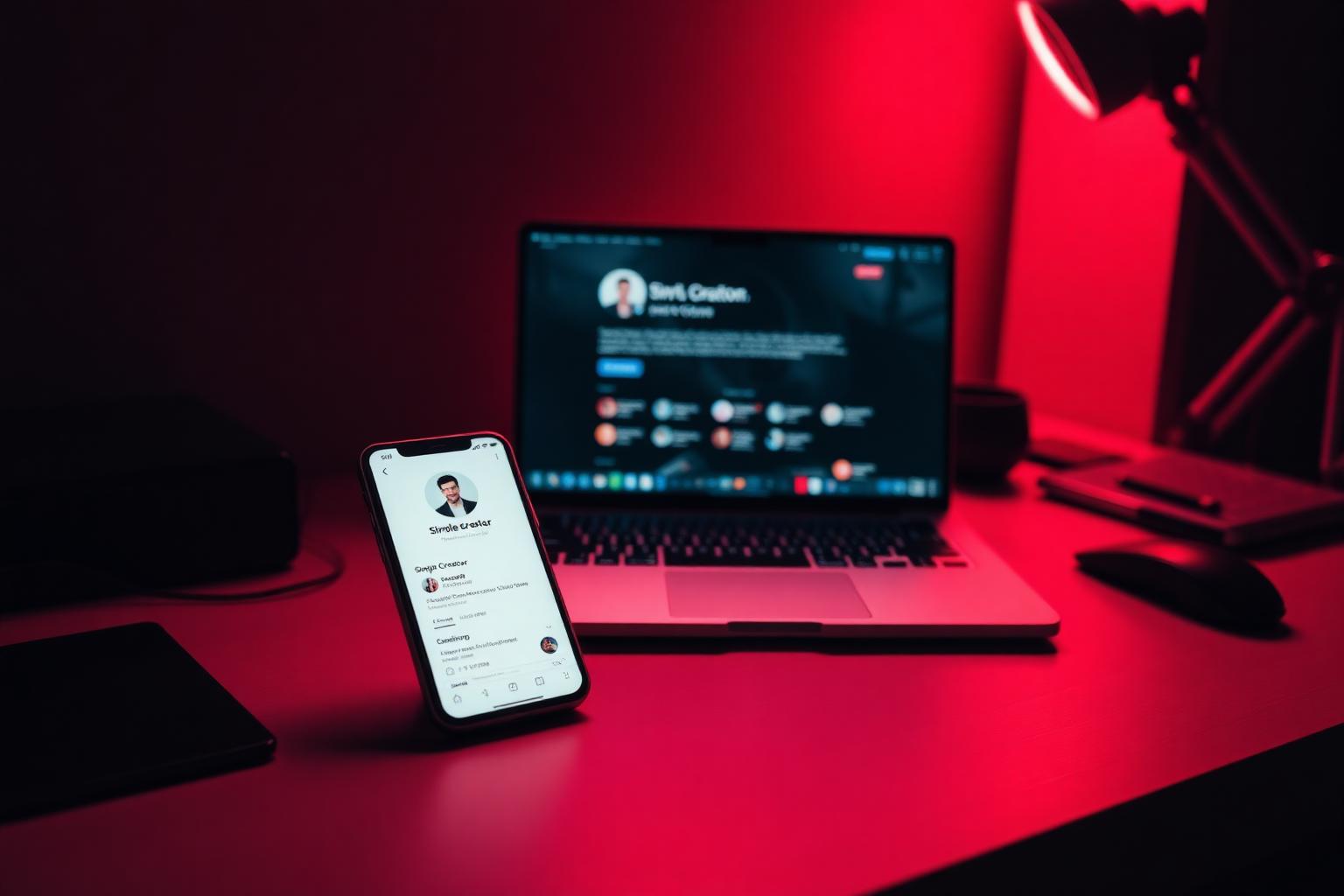 Cinematic premium creator workspace at sunset with laptop and phone — affiliate marketing for creators