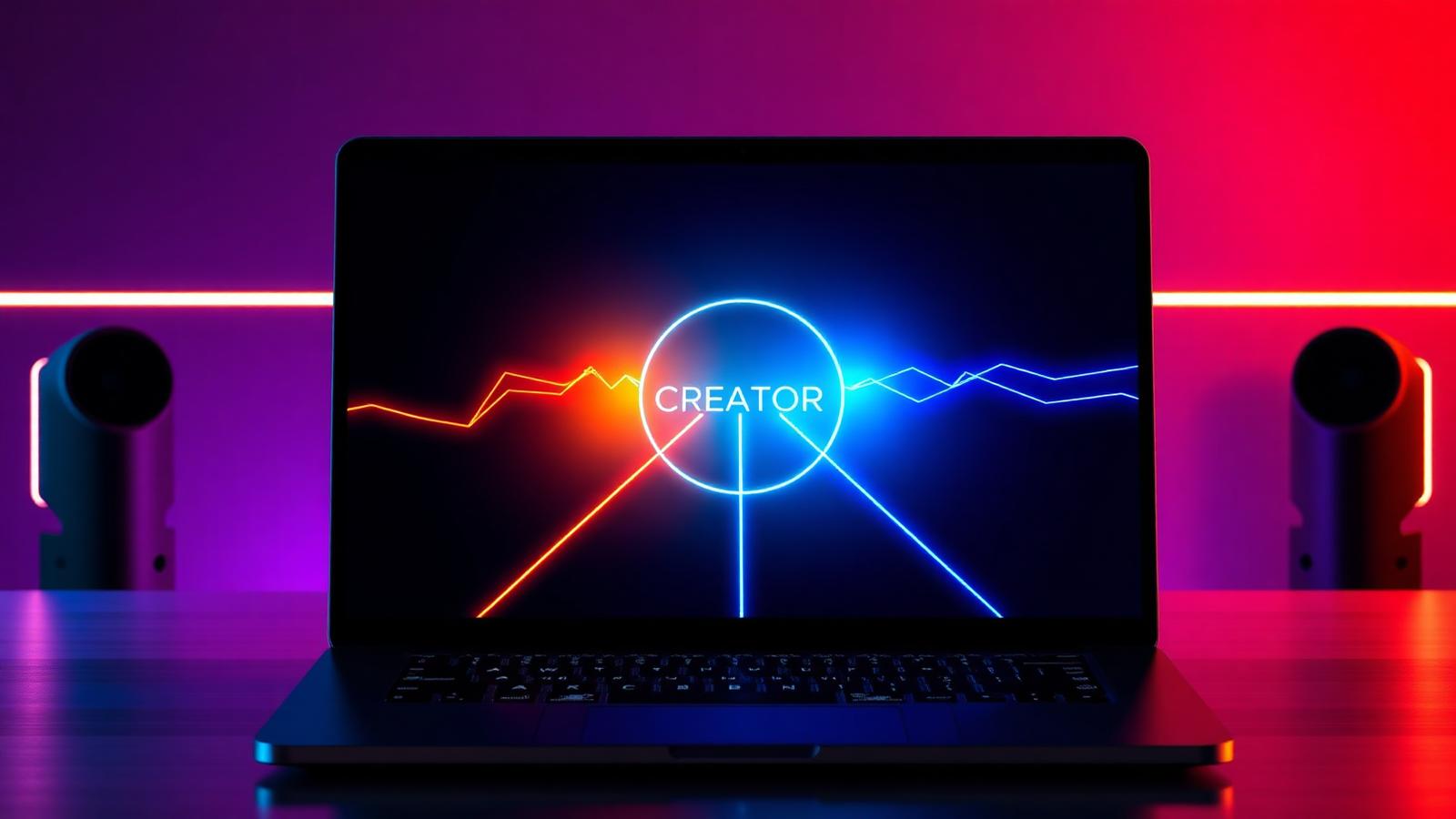 Two glowing paths merging into one creator hub on a laptop screen