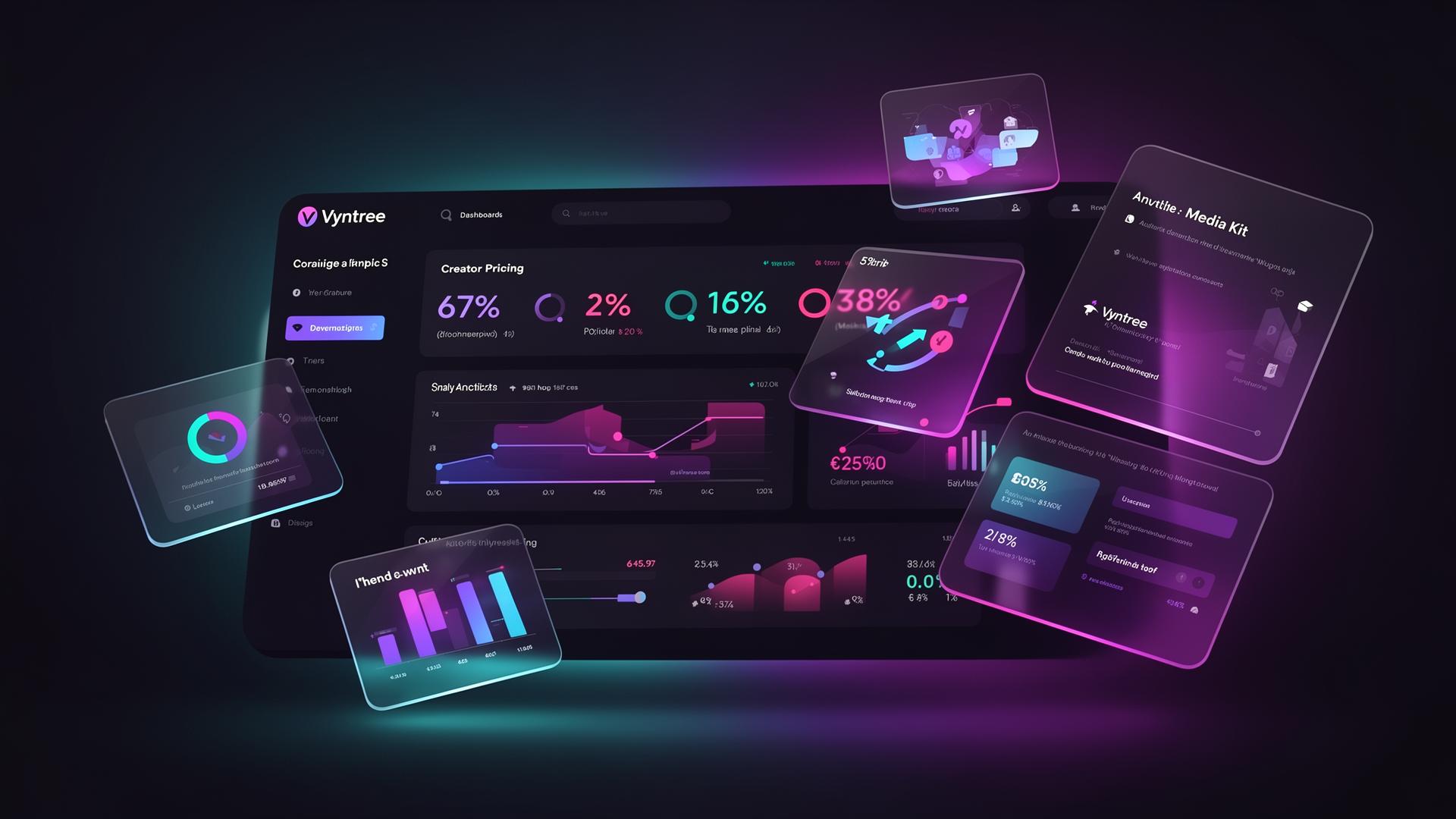Creator pricing dashboard with engagement metrics and media kit elements