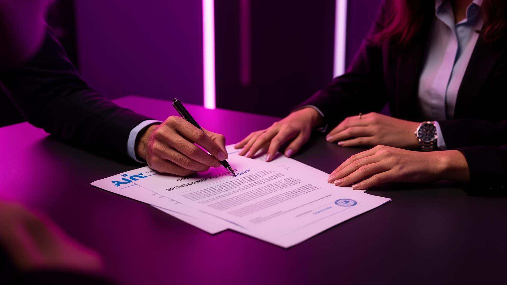 Creator signing a sponsorship agreement with a brand in a modern setting