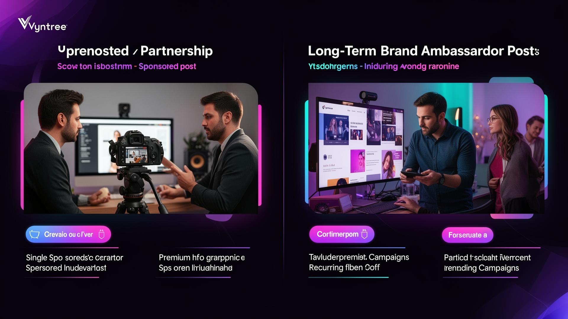 Editorial split-screen showing paid collaboration vs sponsorship in dark Vyntree style