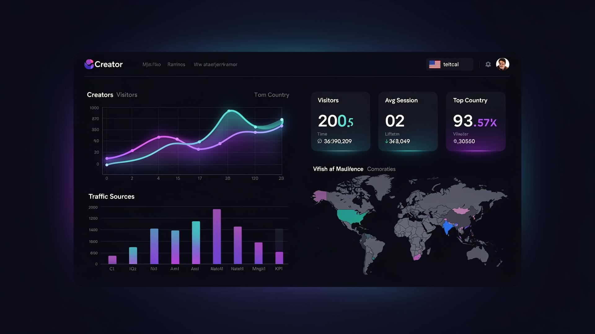 Pro Analytics dashboard overview with visitors, sessions, sources and audience map