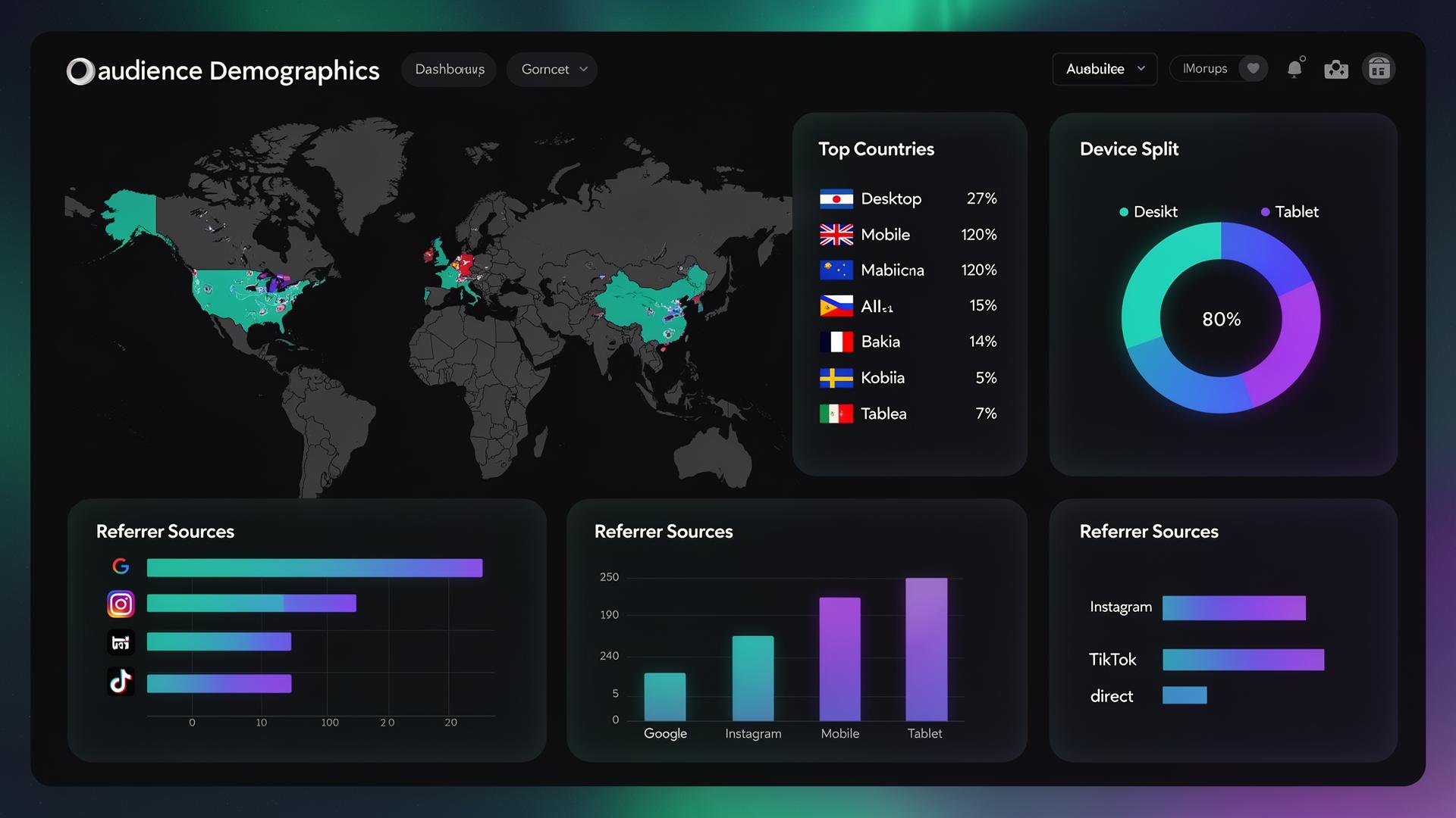 Audience demographics: countries, devices and referrer split
