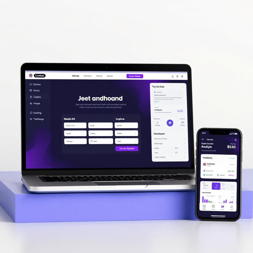Professional creator hub mockup showing media kit, booking page, inquiry form and analytics