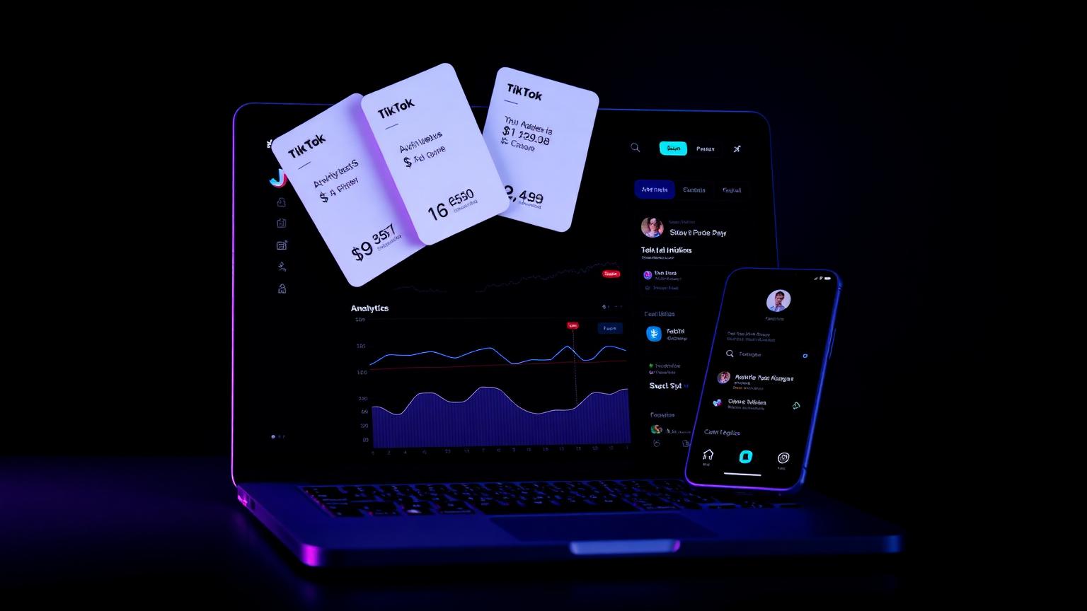 TikTok creator analytics dashboard with views and earnings cards