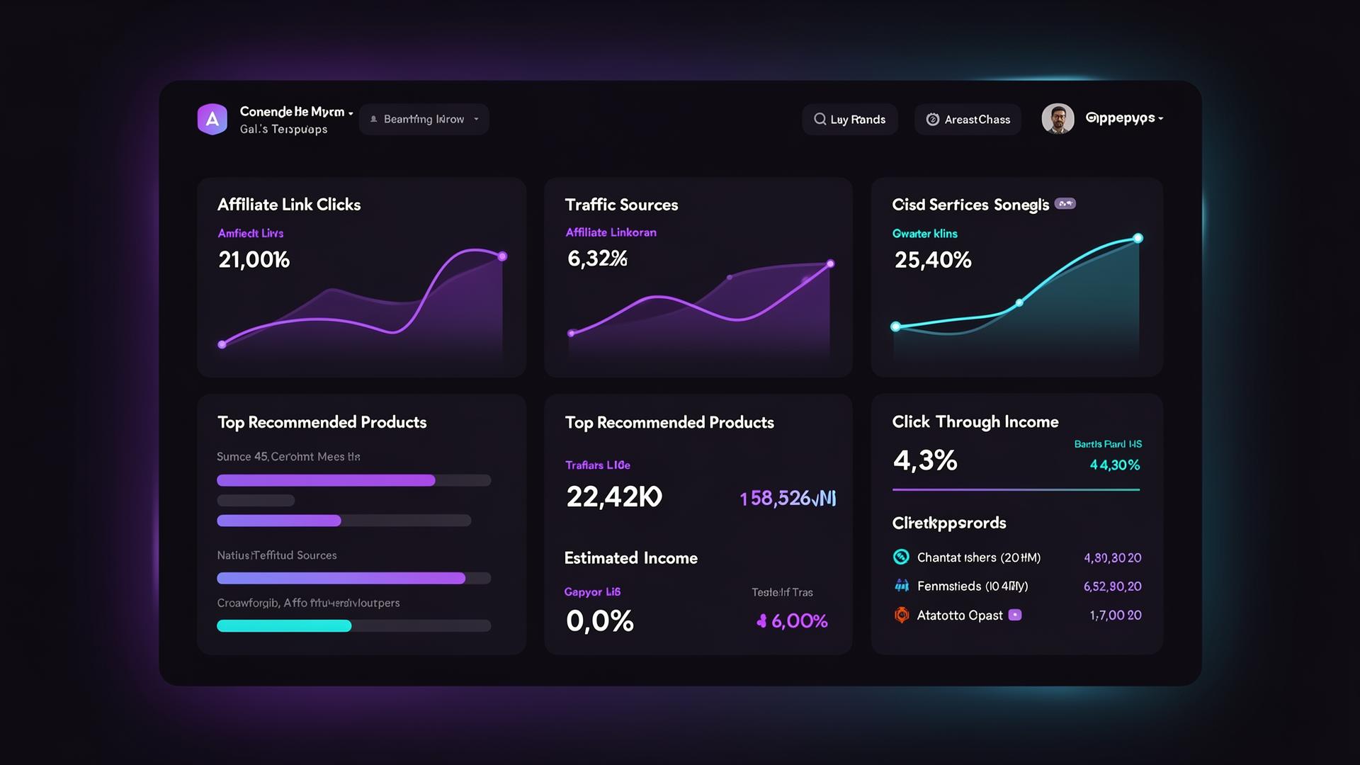 Premium affiliate analytics dashboard showing clicks, traffic sources and CTR