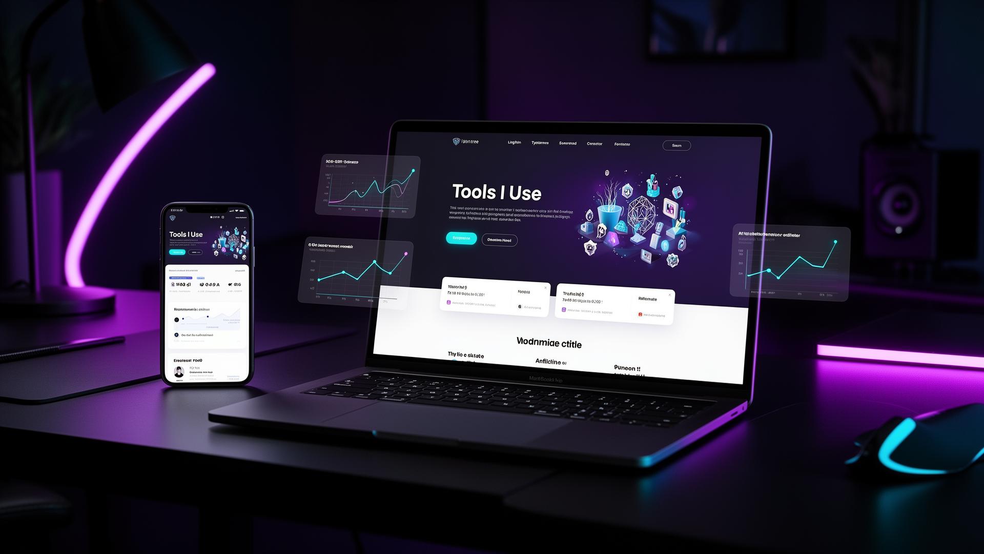 Premium creator workspace showing a Tools I Use affiliate hub on laptop and phone